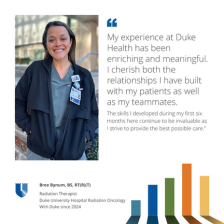 Bree smiles in green scrubs and a black coat in front of a Duke building. There is a quote about her meaningful experience working at Duke Health, highlighting her role in Radiation Oncology and dedication to patient care.