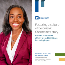 Charmaine smiles in a maroon suit with the words "Fostering a culture of belonging: Charmaine's story" next to her.