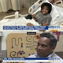Child in hospital bed, physician image speaking in a hospital setting with WRAL graphics