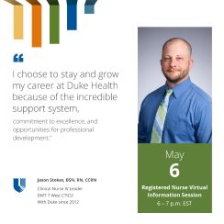 Duke Health RN Jason Stokes smiles, wearing a blue button down and green tie. Text advertises a quote about professional growth at Duke Health and an upcoming hiring event on May 6, 2025.