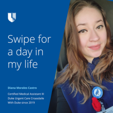 Diana smiles in scrubs and a Duke blue graphic asks you to swipe for a day in her life.