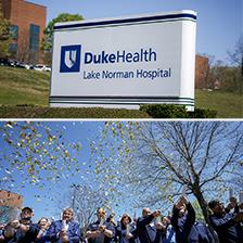 Duke Health Lake Norman sign with crowd throwing confetti