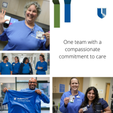 A collage of Duke Health team members with their Duke Health ID badges and the caption "One team with a compassionate commitment to care."