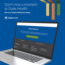 Open laptop with the Duke Talent Network webpage displayed, inviting users to join the network offering various employment opportunities at Duke Health.
