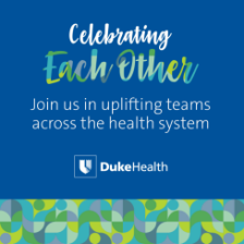 Promotional graphic reading "Celebrating Each Other - Join us in uplifting teams across the health system" with an abstract blue and green pattern at the bottom.