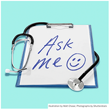 Sticky note with ask me and a smiley emoji surrounded by a stethoscope