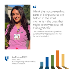A female nurse in scrubs, wearing a Duke Health badge, smiles outdoors in a sunny environment. A quote beside her image expresses gratitude to Duke Health for shaping their nursing career.