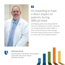 Jeffrey smiles in a white lab coat standing with arms crossed, smiling. Below is the Duke Health logo and colorful ribbons. Text includes a testimonial about transitioning to Duke Health and its impact.