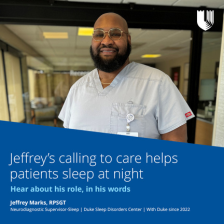 Jeffrey smiles in glasses and scrubs at the Duke Sleep Disorder Center.