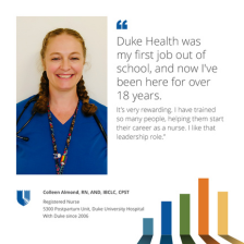 Colleen Almond, a nurse at Duke University Hospital, smiling in blue scrubs with a quote about her career spanning over 18 years and her enjoyment in leadership roles.