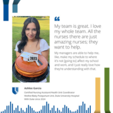 Duke Health CNA Ashlee Garcia holds a cake celebrating her graduation as a CNA. Her quote reflects on her experience with her team on the postpartum unit.