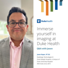 Duke Health Radiology Technologist Jason Raper smiles, wearing glasses, a suit jacket, and pink button-down. Headline reads, "Immerse yourself in imaging at Duke Health: Q&A with Jason"
