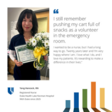 Yang Hancock, RN, dressed in scrubs, smiles while holding a DAISY award and a bouquet of flowers. Quote reflects on her pride of growing her career at Lake Norman Hospital for over 20 years.