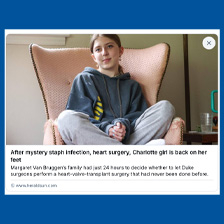 Girl sitting in chair with legs crossed with caption about heart surgery