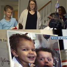 Child holds a doll in a wheel chair while a another child in a hospital bed looks on