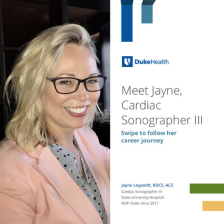 Jayne smiles in glasses and a pink suit next to the words "Meet Jayne, Cardiac Sonographer III. Swipe to follow her career journey."