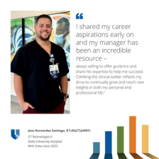 Jose smiles in black scrubs and an ID badge. He is featured next to a quote about his career growth and aspirations.