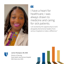 Latrice smiles in a colorful shirt. In the graphic, she expresses excitement about making a difference in patient care.