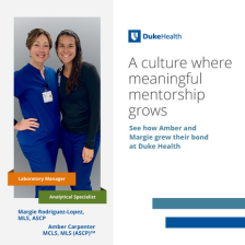 Amber and Margie smile together in scrubs in a graphic that says "A culture where meaningful mentorship grows."