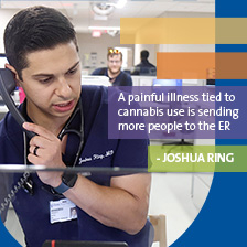 Joshua Ring, MD answers a phone in the emergency department over a message about cannabis use illness