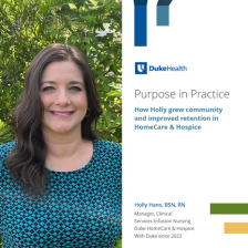 Young woman stands in front of a floral background with the message Purpose in Practice