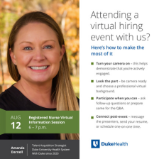 Promotional material for a Duke Health virtual hiring event featuring Amanda Darnell, Talent Acquisition Strategist, with details on how to participate effectively, including turning on your camera and looking professional. The event is scheduled for August 12 and focuses on registered nurse positions. Icons indicate tips about engagement, appearance, and punctuality.
