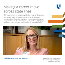 Nikki smiles while wearing a name badge and sitting at a desk. Text about her positive relocation experience with Duke University Health System's relocation assistance is included.