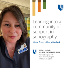 Hillary smiles in scrubs near a sonography machine. 