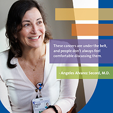 Dr. Angeles Alvarez Secord speaks about endometrial cancer in a frame cutout with colored bars 