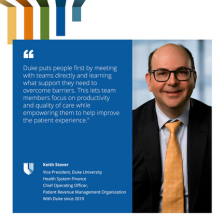 Keith Stover smiles in a suit with a quote about improving patient experience through teamwork and overcoming barriers.