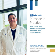 Logan smiles in a white coat at Duke University Hospital. There is text beside him listing his respiratory therapy credentials.