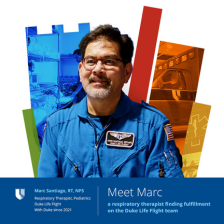 Marc smiles in a blue Duke Life Flight suit with a colorful Duke Health shield in the background. Words are next to him that say "Meet Marc."