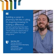 Tyler Knox, a Pharmacy Technician II in Pharmacy Repackaging and Distribution smiles in blue scrubs in front of a blurred building background. Beside him is a quote about building a career in pharmacy and making a difference.
