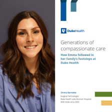 Emma smiles in blue scrubs with words beside her about generations of compassionate care.