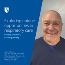 Respiratory therapist Andrew Almond smiles, wearing navy scrubs and standing against a gray background. The text displays: "Exploring unique opportunities in respiratory care"