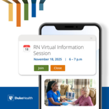 Advertisement for Duke Health's RN Virtual Information Session featuring a healthcare worker interacting with a patient, displayed like a calendar reminder on a smartphone screen.