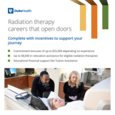 Two healthcare professionals, one using a tablet, assist a patient lying on a medical bed. The image includes a "Duke Health" logo with text about career opportunities and benefits.