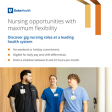 Promotional image for Duke Health featuring three healthcare professionals in scrubs, wearing ID badges, and smiling as they walk together in a hospital setting. Text above describes nursing job opportunities with flexible schedules.