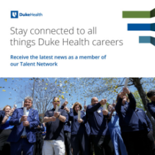 Promotional image for Duke Health featuring a group of individuals in professional attire celebrating outdoors with confetti.