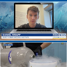 An image of Daniel Wrapp on a computer screen, with cold liquid pouring into a dish below his image