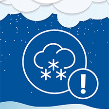 Severe weather icon with clouds above a blue sky, snow flakes in a circle, an exclamation point in a circle, and snow below