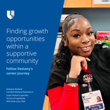 Destany smiles in scrubs. There's text next to her that reads "Finding Growth Opportunities within a supportive community: Follow Destany's career journey."