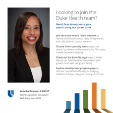 Latiesha smiles in a suit. Next to her are tips for maximizing your job search on the Duke Health careers site.