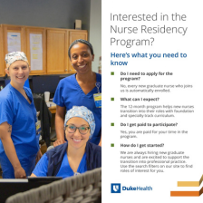 A group of three nurses in medical scrubs are smiling in a healthcare setting. The words: Interested in the Nurse Residency Program? program are beside them with information about the program and how to get started.
