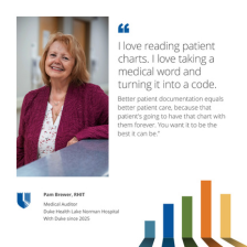 Pam smiles in a red sweater. Beside her is a comment about her career: “I love reading patient charts. I love taking a medical word and turning it into a code. Better patient documentation equals better patient care, because that patient's going to have that chart with them forever. You want it to be the best it can be.”