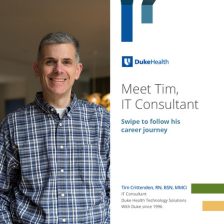 Tim smiles wearing a plaid shirt. The text on the right reads "Meet Tim, IT Consultant" with Duke Health's logo above it. Additional text provides details about Tim's role and experience with Duke Health.