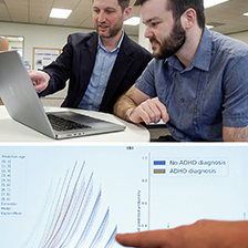 Two people look at a computer screen while working together. Under, a hand points at a computer screen graphic on ADHD modeling.