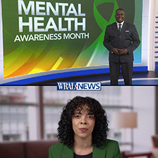 An image of a news reporter standing next to a sign saying Mental Health Awareness Month above a banner of WRAL News and a person below answering questions.
