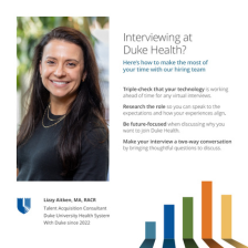 Lizzy smiles in a black sweater. Beside her are tips for interviewing for a career at Duke Health.