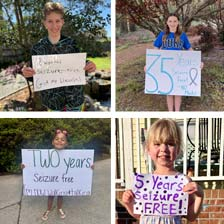 Children hold up signs explaining how many years they've been seizure free after surgery